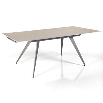 Mesa extensible cerámica mármol travertino acero platino 75x140-200 cm