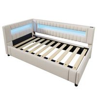 cama tapizada con almacenamiento - 90x200 cm - iluminacion led - cama individual - sin colchon - usb tipo-c - beige