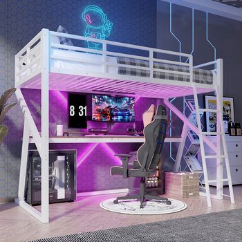 Cama Mezanine 90x200 Cm Estructura De Hierro Tira Led Barandilla De Seguridad Escalera Escritorio Sin Colchón Color Blanco