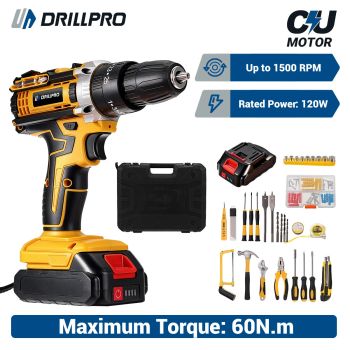 Taladro eléctrico inalámbrico Drillpro de 21V con motor de escobillas, batería de 7500mAh, función de impacto, par alto