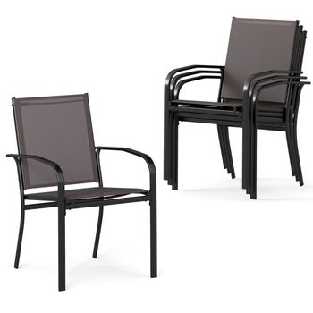 Costway Juego de 4 Sillas de Exteriores Apilables con Resplado Alto Asiento Ancho Reposabrazos para Exterior 61 x 57,5 x 89 cm Gris