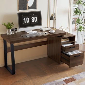 Escritorio De 135 X 54 Cm En Mdf Marrón Con Almacenaje Y Estructura De Acero