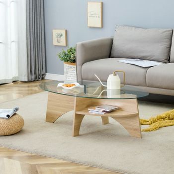 Sweiko Mesa De Café Ovalada De Vidrio De Seguridad 104,9x60 Cm, Diseño Multifuncional Con Elementos De Estantería Y Almacenamiento