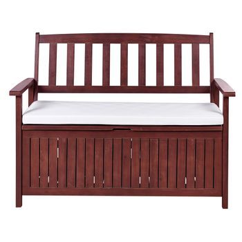 Banco De Jardín Con Almacenaje De Madera Maciza De Acacia 2 Plazas 120 Cm Rojo Oscuro Con Cojín Blanco Sovana