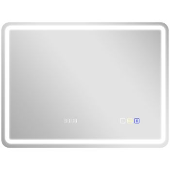 HOMCOM Espejo de Baño con Luz LED 80x60 cm con Bluetooth 3 Colores de Luz Reloj Digital Función Antivaho Función de Memoria