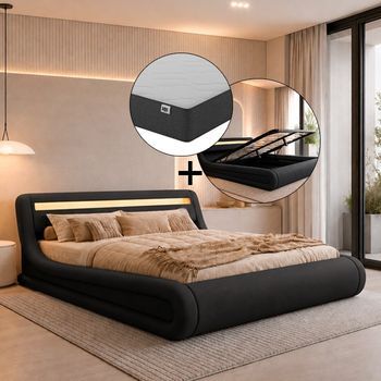 Cama Canapé De Matrimonio Con Colchón | Cama Doble Con Cabecero Y Canapé Led | Somier Lamas | Negro | Madera Y Polipiel | Modelo Rodas | 180x200