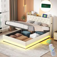 cama tapizada con led - mueble de dormitorio - lino y metal - beige 213x146x113cm
