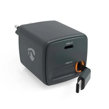 Cargador de pared NEDIS 30W 2 puertos USB-C GaN PD 3.0 con cable retráctil