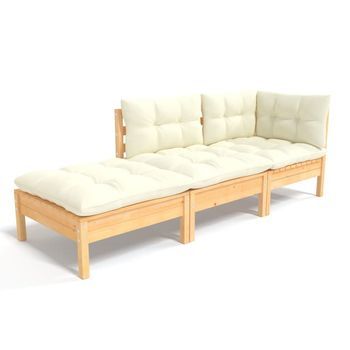 Muebles De Jardín 3 Uds | Mesa Y Sillas Cojines Madera Maciza De Pino Crema