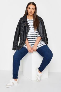 Yours Top Suave Blanca De Rayas Azules Manga Fracesa, Mujer Curvy Y Tallas Grandes, Yours