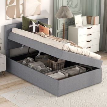 Cama Contenedor 90 X 200 Cm Con Cabecero - Tela De Lino - Apertura Lateral - Somier De Láminas - Gris (sin Colchón)