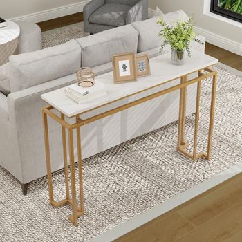 Mesa Consola | Mesa Auxiliar Moderna Mármol Artificial Metal Geométrica Entrada Pasillo 30x120x80.5cm Dorada