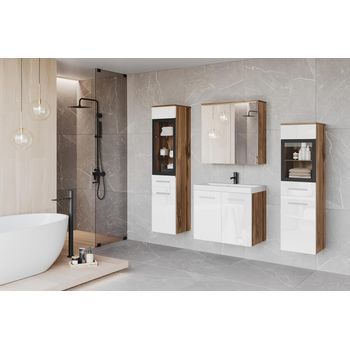 Conjunto De Muebles De Baño Madrid Ii, Juego De Muebles De Baño, Lavabo Incluido, Con Iluminación Led, Color Wotan/blanco Brillo