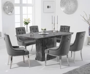 Carvelle 160cm Grey Marble Table with Talia Velvet Chairs - Grey, 4 Chairs