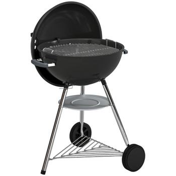 Outsunny barbacoa portátil de carbón, parrilla exterior redonda con tapa, termómetro, ruedas, negro.
