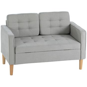 HOMCOM Sofá de 2 Plazas con Espacio de Almacenamiento Patas de Madera Respaldo Capitoné 117x62x78 cm Gris Claro