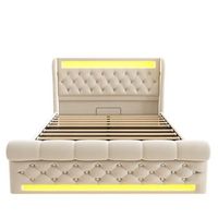 cama de terciopelo beige 140 x 190 cm con canape elevable capitone led y usb-c