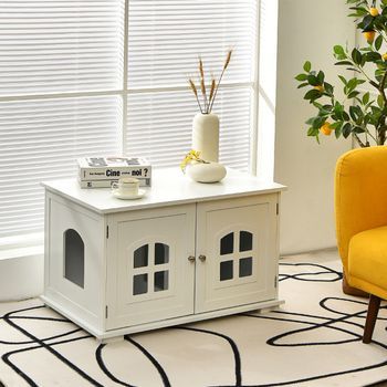 Arenero Para Gatos Casita-mesita De Noche | Mesilla De Noche Con Puertas Ventanas Blanco 81x53x49 Cm