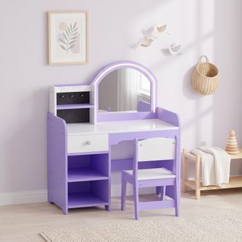Tocador Infantil Con Taburete Espejo Led 2 Colores Morado Aiyaplay