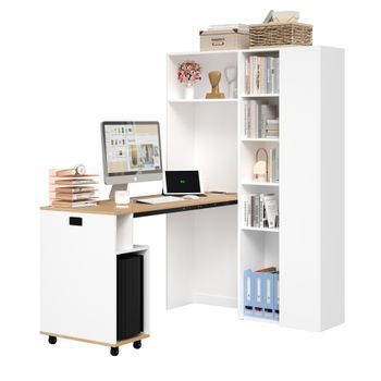 Escritorio Plegable Con Estantería 104.5x30.5x160cm, Mesa De Ordenador 2 En 1 Con Enchufes Usb, Mdf, Blanco