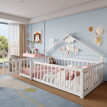 Cama Plana 90x190 Cm Cama Infantil Con Plinto Barrera Con Cerradura Madera De Pino Color Blanco