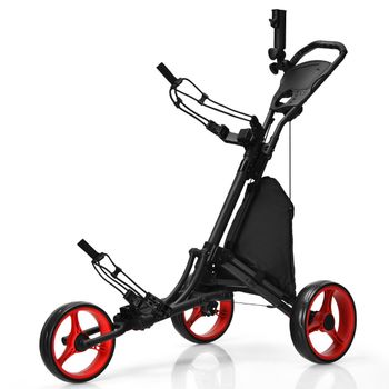 Costway Carro de Golf de Empuje con 3 Ruedas Carrito de Golf Plegable Mando Altura Regulable con Portavaso Marcador Rojo
