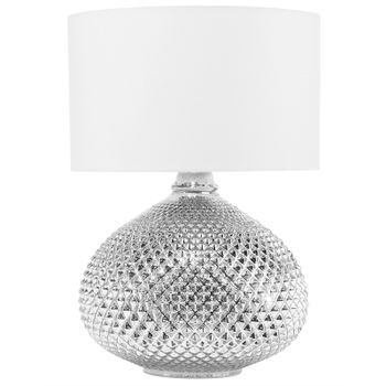 Lámpara De Mesa Plateada Con Pantalla Blanca 55 Cm Base De Vidrio De Brillo Intenso Estilo Glamour Madon