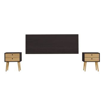Cabecero Acabado Madera Maciza Natural + 2 Mesitas Dos Cajones Acabado Negro / Cera. Medidas Cabecero: 155 X 60 X 2 Cm.
