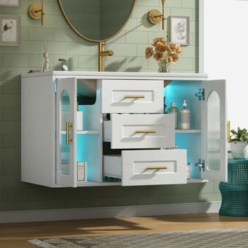 Mueble De Baño Suspendido 76 Cm Con Lavabo, Led Y Puerta De Vidrio, Blanco Madera