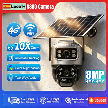 Cámara Solar V380 Pro con Wifi y Tarjeta SIM 4G, 8MP, Doble Lente, Bajo Consumo, Compatible con Detección Humanoide PIR, Visión Nocturna en Color, Audio Bidireccional, Batería, Apta para Interiores y