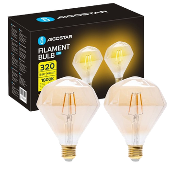 Aigostar - Bombilla LED E27 4W, Luz Cálida 1800K, 320 Lúmenes, Decorativa: Diamante, Bombilla Vintage de Tipo Edison Con Filamento, Color ámbar, No regulable, Pack 2 Uds