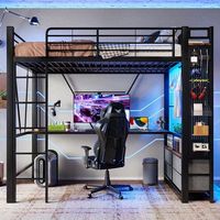 cama mezanine 90 x 200 cm estructura de hierro con escritorio con barra de secado con estantes 4 cajones con enchufe usbtype-c tira led barandilla escalera con panel perforado sin colchon negro