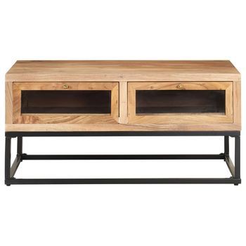 Mesa De Centro 60x90x40 Cm Madera Maciza De Acacia Con Acabado Natural, Vidrio Y Acero Con Recubrimiento En Polvo - Marrón