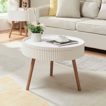 Mesa De Centro Bongard Ranurado Redonda Con Compartimento 45xø60 Cm Blanco [en.casa]