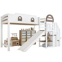 cama de altura infantil con ventanas resbaladilla escalera con pasamanos y 2 cajones de almacenamiento diseno versatil madera de pino  mdf color blanco y marron 90x200cm certificado en747