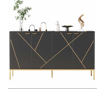 Aparador 150x40x80 cm - con 4 puertas, pies metálicos, diseño recto con decoración de líneas metálicas - negro+dorado