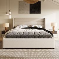 cama tapizada doble 160x200 con almacenamiento hidraulico somier listones madera estructura metalica lino beige