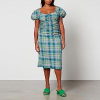 ganni checked cotton-blend seersucker midi dress - eu 36uk 8
