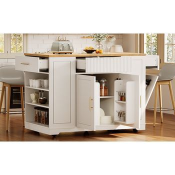 Isla De Cocina Con Almacenaje - Mueble De Cocina Con Ruedas - Basurero Empotrado - Carrito - Blanco