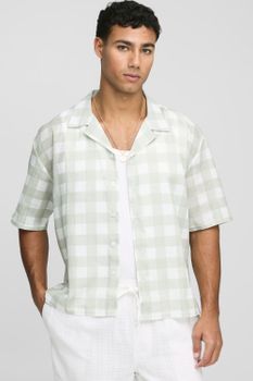 Camisa Oversize Recta De Cuadros En Relieve Con Solapas, Beige