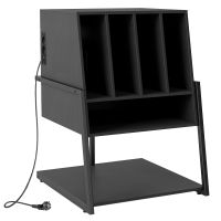 costway soporte para tocadiscos con estacion de carga estandar europeo estante de vinilos con ruedas y patas ajustables negro madera con enchufe para salon