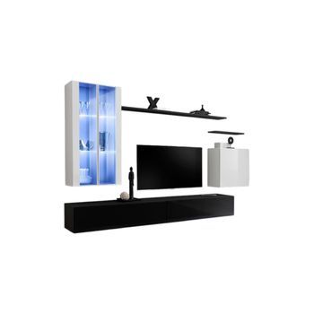 Conjunto De Muebles De Salón Mural Switch Xii Diseño, Colores Negro Y Blanco Brillante.