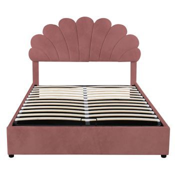 Cama Con Almacenaje Acolchada De Terciopelo - 140x200 Cm - Cabecero En Forma De Flor - Con Somier De Láminas - Rojo