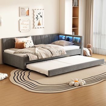 Cama Nido 90x200 Cm + 90x190 Cm Con Cabecero Y Compartimentos - Carga Usb Y Tipo C Y Led - Tejido De Lino - Gris (sin Colchón)