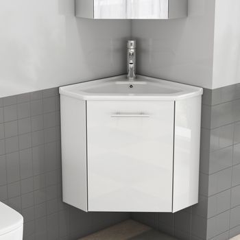 Mueble De Baño Esquinero Con Lavabo Cerámico, Blanco Brillante Y Premontado