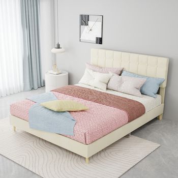 Cama Doble Tapizada De Terciopelo Beige De 140x200 Cm.