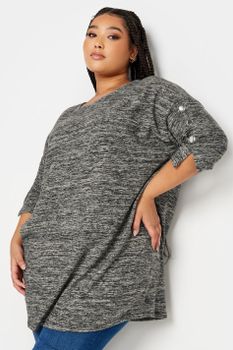 Yours Top Gris Jaspeado Con Botones De Adorno En Mangas, Mujer Curvy Y Tallas Grandes, Yours