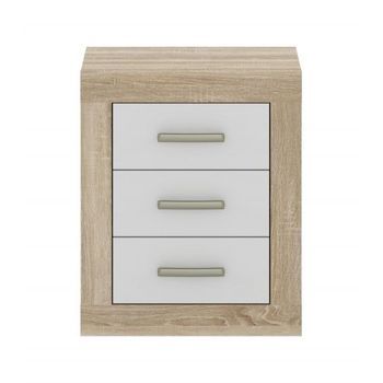 Mesita De Noche 3 Cajones Dora. 50x62x35 Cm. Diseño Enmarcado En Roble Cambrian Y Cajones Blancos.