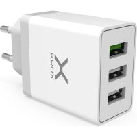 cargador de red krux quick charge 30 3x usb-a 6a 30w blanco