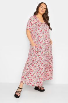 Yours Vestido De Pico Largo Con Flores Rosadas, Mujer Curvy Y Tallas Grandes, Yours